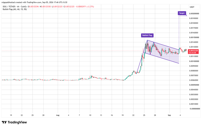 A 4-hour DOG/USDT chart from TradingView displays a Bullish Flag pattern formed after a sharp rally, with price consolidating between approximately 0.0012 and 0.0014 between late August and early September 2026, and a projected "Target" level marked at 0.0020—consistent with the post's analysis of a potential breakout continuation toward that price.