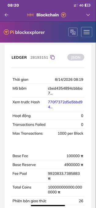 The image shows a Pi Blockexplorer page displaying blockchain ledger #28193151 with Protocol Version 26, confirming the V26 protocol update referenced in the post. Key details visible include a Base Fee of 100000 π, Base Reserve of 4900000 π, Total Coins of 100,000,000,000 π, and 0 transactions failed out of a max 1000 per block.
