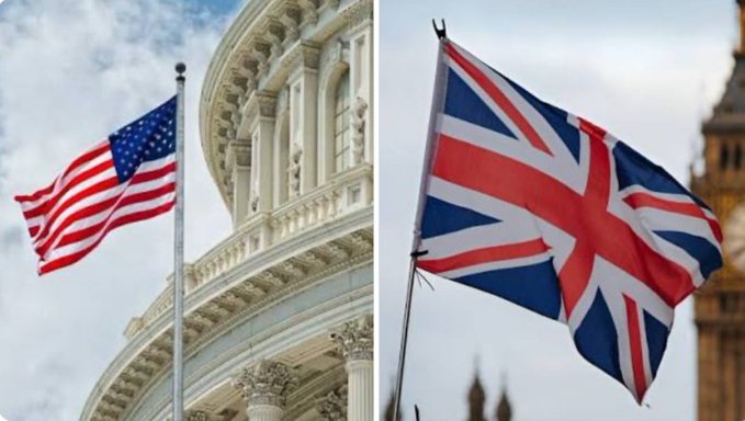 An American flag flies beside the U.S. Capitol on the left, and a Union Jack waves in front of Big Ben in London on the right, visually symbolizing the alignment between the U.S. and UK governments referenced in the post about their joint stance on stablecoin regulation.