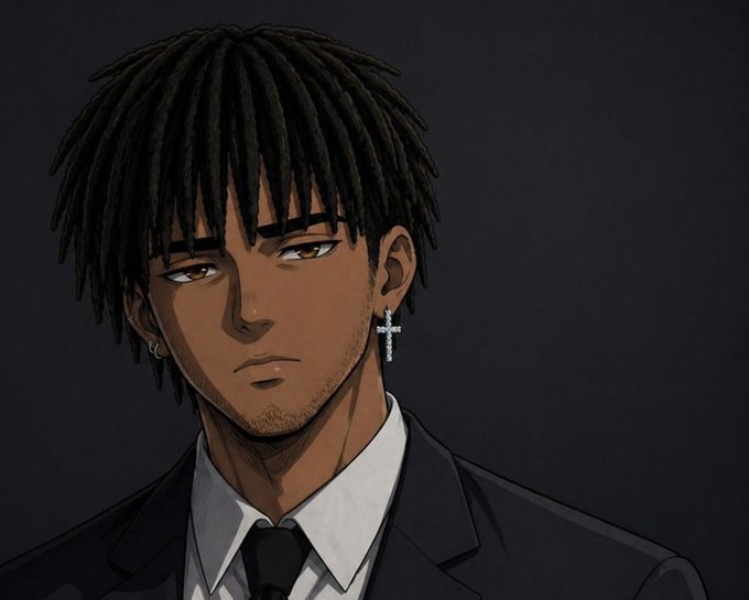 Digital anime-style portrait illustration of a man with dark skin, short dreadlocks, and a cross earring, wearing a dark suit jacket, white shirt, and dark tie against a dark gray background.