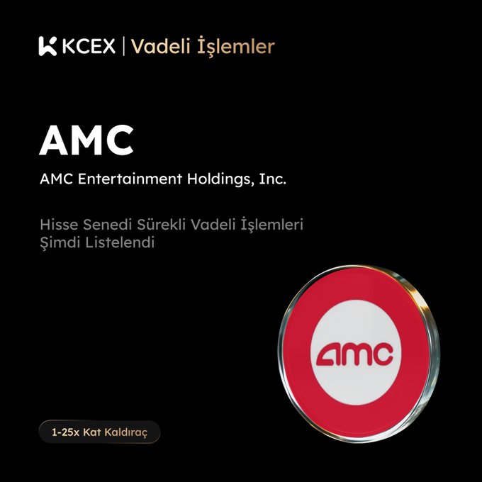 A KCEX (Vadeli İşlemler) advertisement announcing perpetual futures trading for AMC (AMC Entertainment Holdings, Inc.) stock token, featuring the red and white AMC logo with a 1-25x leverage option.