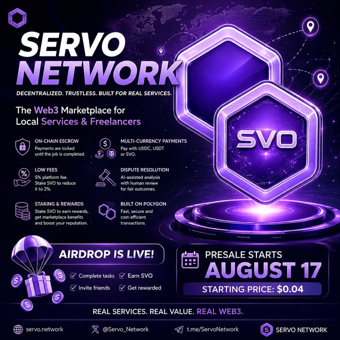 A promotional graphic for 'SERVO NETWORK' describing it as a Web3 marketplace with features like on-chain escrow and multi-currency payments, advertising an airdrop and presale starting August 17 at $0.04.