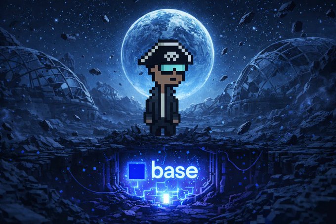 A pixel art character with a skull cap and blue sunglasses stands in a sci-fi setting before a large blue planet, with the 'base' logo (a blue square) prominently displayed below.