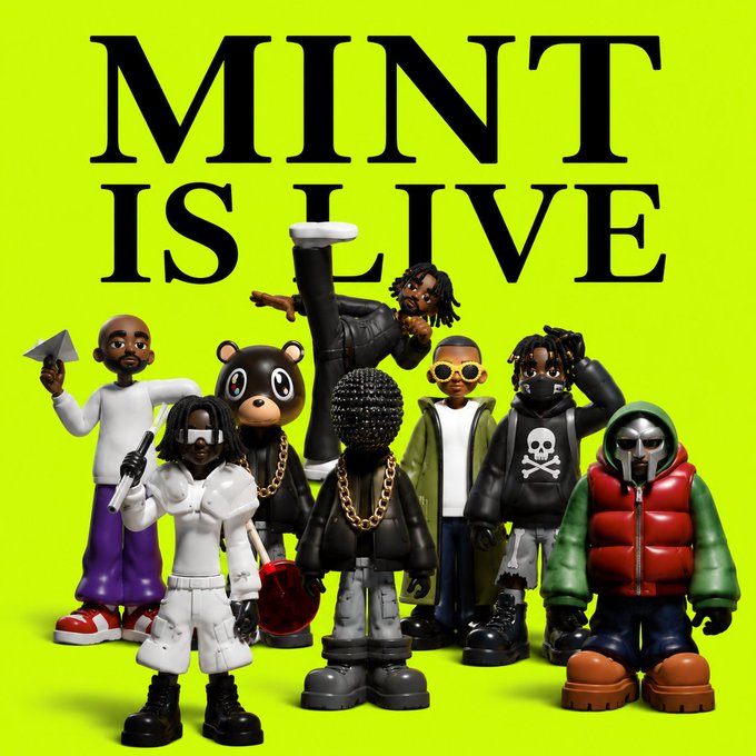 Promotional image with "MINT IS LIVE" text on a bright yellow background, featuring a collection of NFT character figures including a bear with a chain, masked figures, and skull-hooded characters.