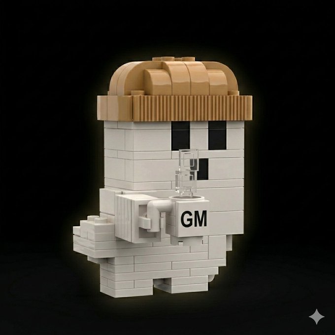 A small LEGO-style brick figure of a person with a tan beanie, holding a device that says "GM", set against a black background.