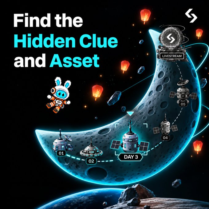 A space-themed puzzle graphic titled 'Find the Hidden Clue and Asset' features a crescent moon with numbered lunar bases (01-05), an astronaut character, floating lanterns, and a 'LIVESTREAM' badge.