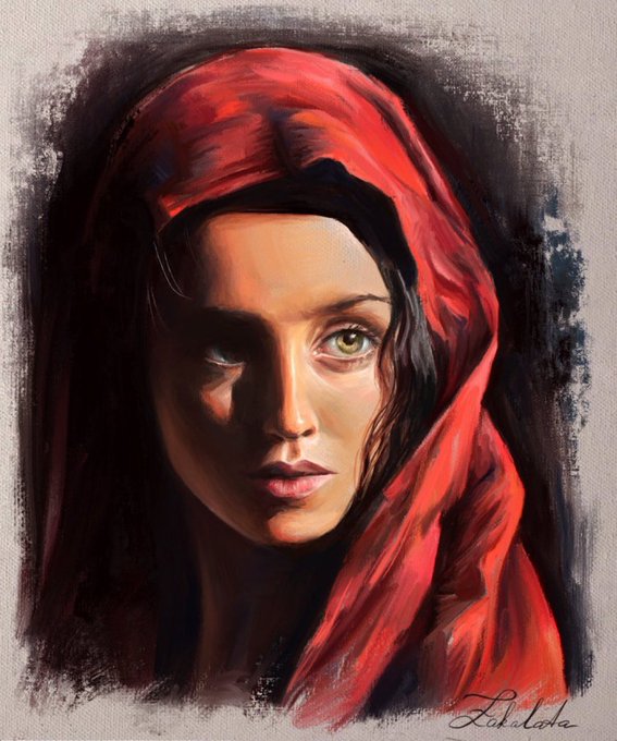 A detailed oil painting portrait of a woman with a red headscarf and piercing green eyes, signed in the bottom right corner.