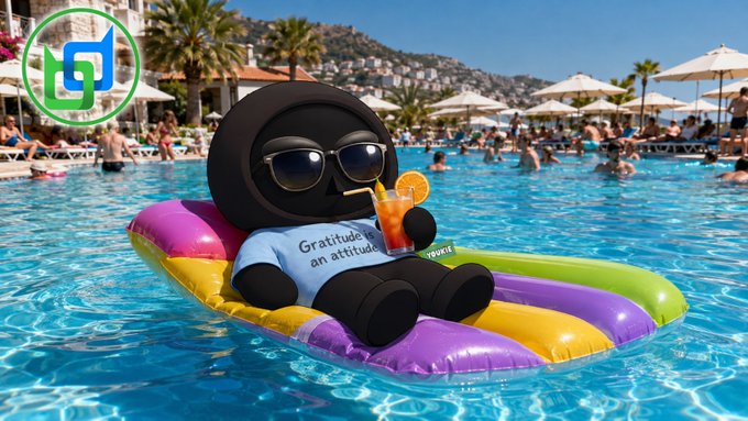 A 3D-rendered black mascot character wearing sunglasses and a shirt reading "Gratitude is an attitude" relaxes on a colorful pool float holding a tropical drink.