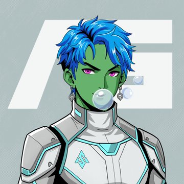 A digital illustration of a male character with green skin, blue spiky hair, and purple eyes, wearing white futuristic armor with teal accents, blowing a bubble with gum.