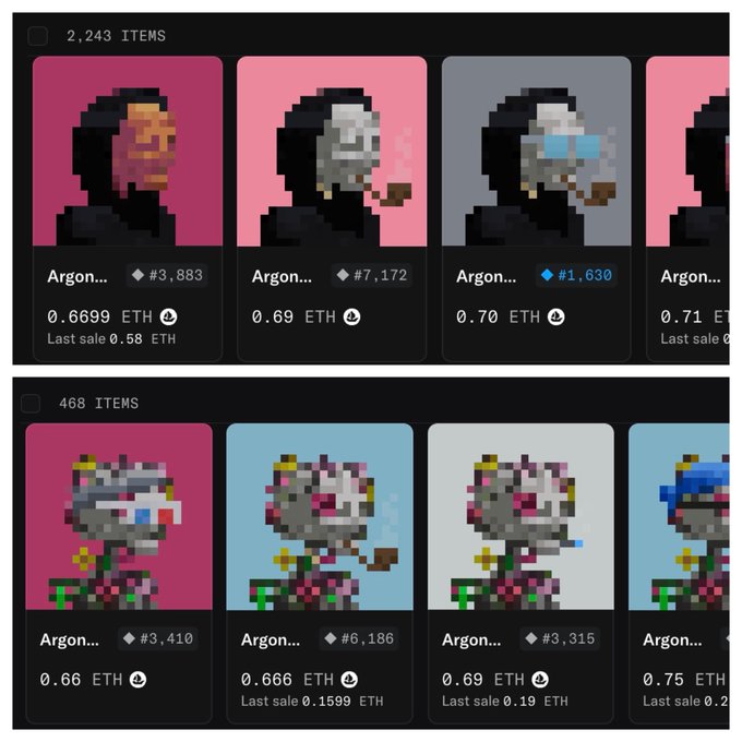 A digital marketplace interface displaying pixelated NFT avatar collections labeled 'Argon...' with prices listed in ETH cryptocurrency, showing 2,243 and 468 items respectively.