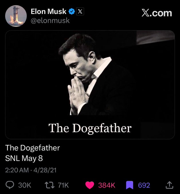 A screenshot of an X (Twitter) post by Elon Musk (@elonmusk) from April 28, 2021, featuring a black-and-white image styled like a movie poster with the text "The Dogefather" and the caption "The Dogefather, SNL May 8."