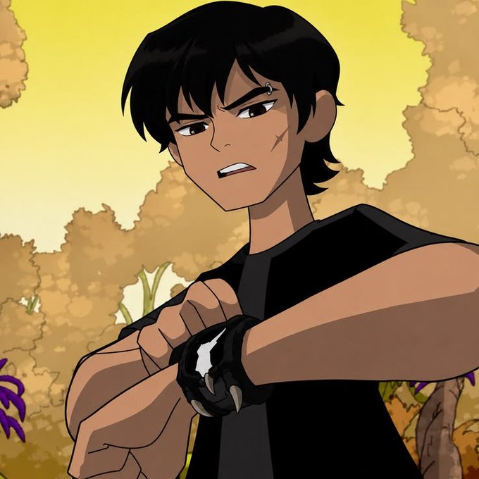 An animated scene shows a young man with black hair and an eyebrow piercing wearing a black shirt, examining a high-tech gauntlet with claws on his wrist.