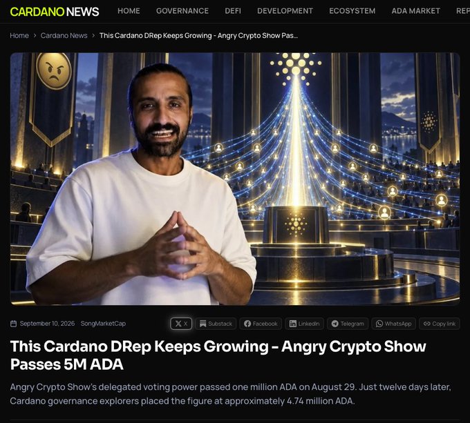 The image is a Cardano News article headlined "This Cardano DRep Keeps Growing – Angry Crypto Show Passes 5M ADA," featuring a smiling bearded man in a white shirt against a glowing Cardano-themed backdrop, with text noting that Angry Crypto Show's delegated voting power surpassed 1 million ADA on August 29 before reaching approximately 4.74 million ADA just twelve days later. The accompanying post celebrates this milestone, highlighting how the host's consistent daily work and on-chain governance participation have earned him growing community trust and visibility within the Cardano ($ADA) ecosystem.