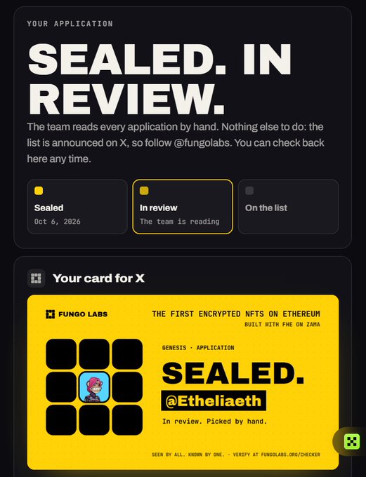 Screenshot of an application page from Fungo Labs titled 'SEALED. IN REVIEW.', showing an NFT card status as 'In review' for the user @Etheliaeth.