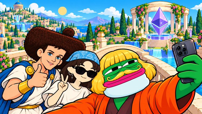 A colorful digital illustration showing three cartoon-style characters—a person with dark hair in a tunic, a person with sunglasses and a bandana, and a green frog-like figure in an orange robe—taking a selfie with a smartphone against a backdrop of classical architecture and a giant purple Ethereum logo.