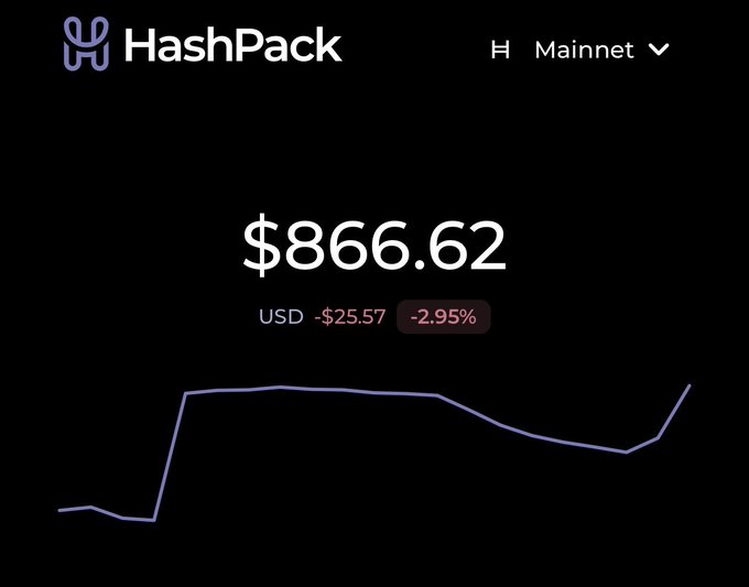 A HashPack wallet interface displays a HBAR balance of $866.62 USD, showing a 2.95% decline of -$25.57 alongside a purple line graph tracking price movement on the Mainnet. The image illustrates the wallet's clean, modern dashboard that the user is highlighting as an impressive feature for holding HBAR tokens.