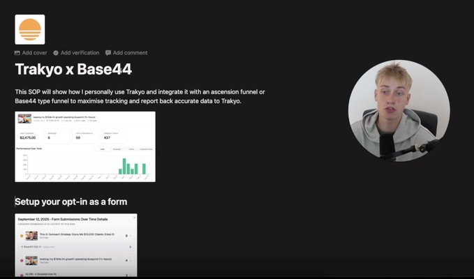 A Notion-style page titled "Trakyo x Base44" showing SOP details for tracking data, with a circular video inset of a young man in a gray hoodie speaking into a microphone.