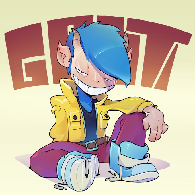 An animated character with horns, blue hair, and a wide grin sits in a yellow jacket and purple pants with 'GUT' written in the background.