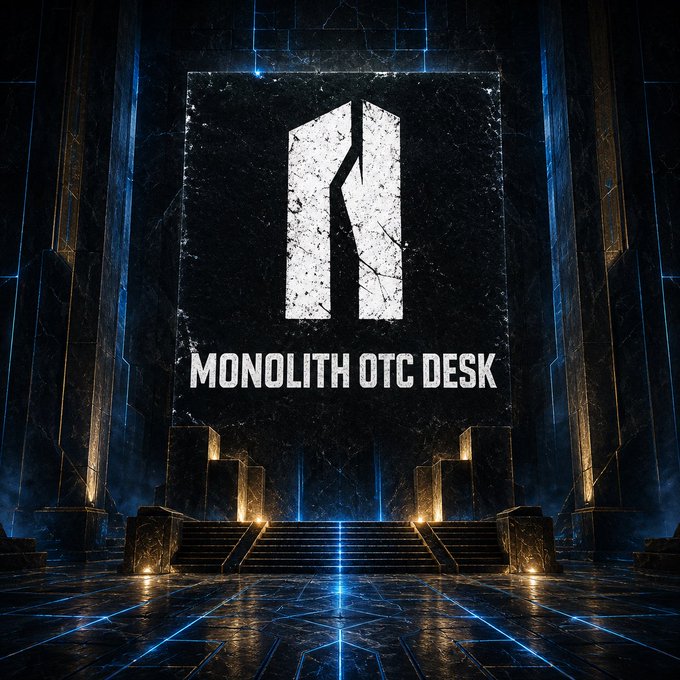 A dramatic promotional graphic displays the 'Monolith OTC Desk' logo against a dark, monumental architectural background with glowing blue accents.