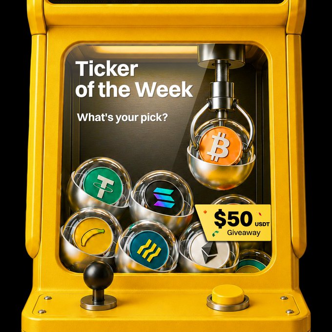A claw machine graphic titled 'Ticker of the Week - What's your pick?' featuring various cryptocurrency coins including Tether, Solana, a banana coin, and others, with a $50 USDT giveaway tag.