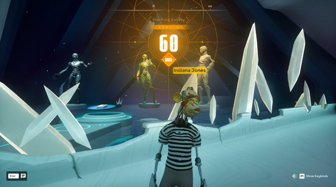 The image shows a person standing next to a large screen displaying a game map with various characters, including statues of people and other objects like swords and shields. The player's character is also shown on the screen. The background features a dark blue sky with white clouds, giving it an otherworldly feel. The post about the game map includes information such as "Indiana Zones" and "60", which could be related to the game or its characters.