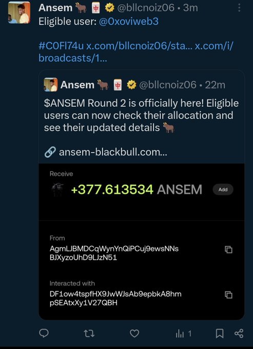 A Twitter/X screenshot from 'Ansem' (@bllcnoiz06) announcing '$ANSEM Round 2 is officially here! Eligible users can now check their allocation' and showing a token transfer of '+377.613534 ANSEM' on ansem-blackbull.com.