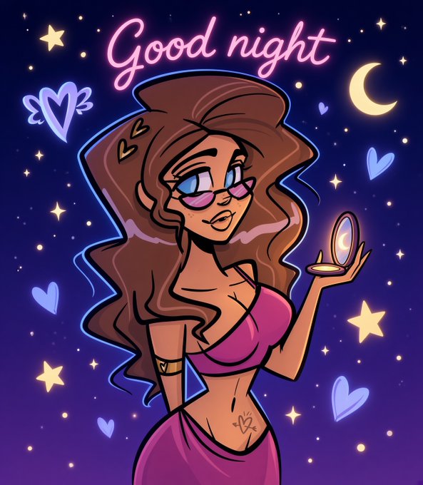 A colorful cartoon illustration of a woman with flowing brown hair holding a mirror, surrounded by stars, hearts, and a crescent moon, with "Good night" written in pink neon-style text.