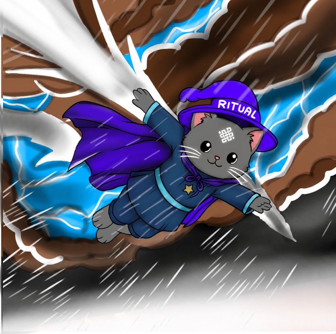 A digital illustration of a gray cartoon cat wearing a purple wizard hat labeled 'RITUAL' and a flowing purple cape, flying through a stormy sky with blue lightning and rain.