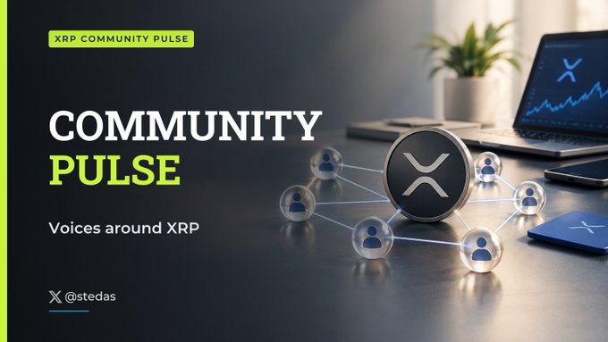 A dark presentation slide titled “XRP COMMUNITY PULSE” and “COMMUNITY PULSE” includes the subtitle “Voices around XRP” and the handle “X @stedas,” beside a large XRP coin and connected profile icons.