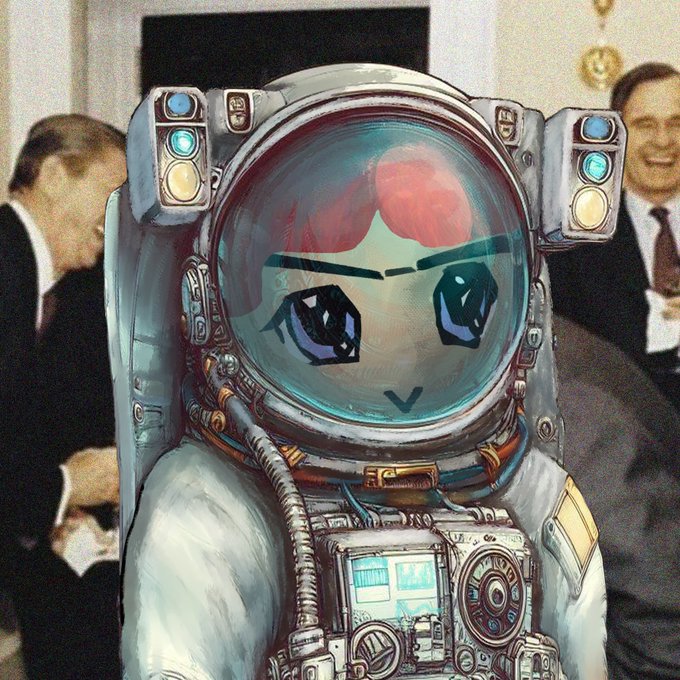An illustration of an anime-style girl wearing a futuristic astronaut helmet and suit, placed in front of a vintage photograph of men in suits.