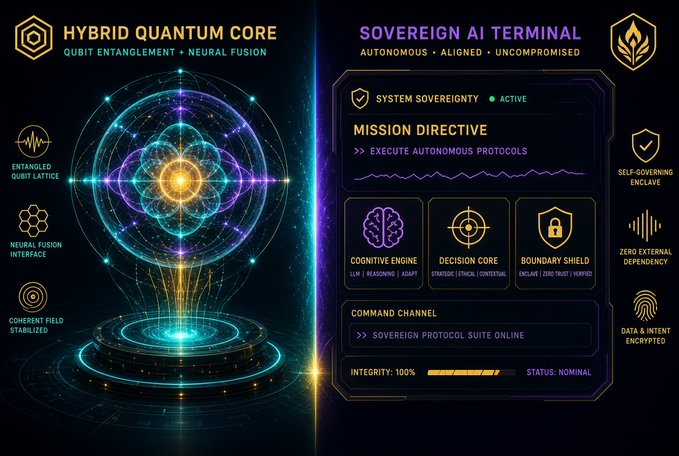 A futuristic sci-fi themed dashboard titled 'HYBRID QUANTUM CORE' and 'SOVEREIGN AI TERMINAL' displaying mission directive, cognitive engine, decision core, and system integrity metrics at 100%.