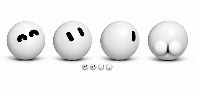 Four white 3D spheres with simple emoji-style expressions (smiling, neutral, winking, blushing) are displayed in a row, with miniature versions below.