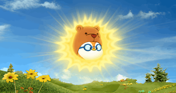 A friendly cartoon penguin with round glasses peeks out from a bright sun shining over a cheerful green landscape dotted with yellow flowers, perfectly matching the "Pengu Morning" greeting with its sunny, rise-and-shine vibe.