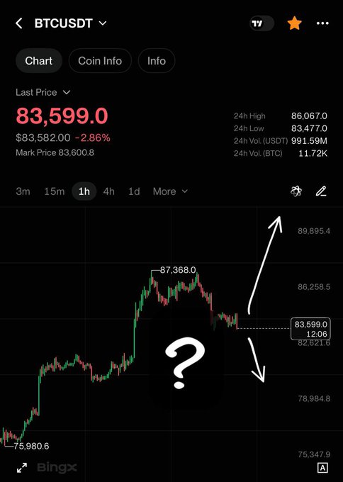 A BTCUSDT trading chart from Bingx showing a price of 83,599.0 with a -2.86% change, featuring drawn arrows pointing up and down and a question mark indicating market uncertainty.