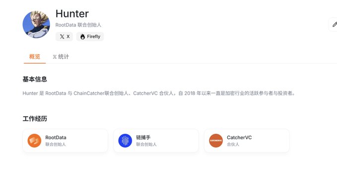The image shows a profile page for "Hunter," identified as the co-founder of RootData (RootData 联合创始人), with additional roles as partner at CatcherVC and co-founder of ChainCatcher, along with associated X and Firefly handles. This profile visually confirms the post's claim that the same individual (Hunter/Crypto_0xhunter) is behind RootData, ChainCatcher, and CatcherVC.