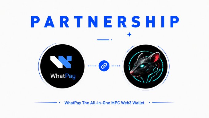 A 'PARTNERSHIP' announcement graphic featuring the WhatPay wallet logo linked to a panther/cat mascot logo, described as an All-in-One MPC Web3 Wallet.