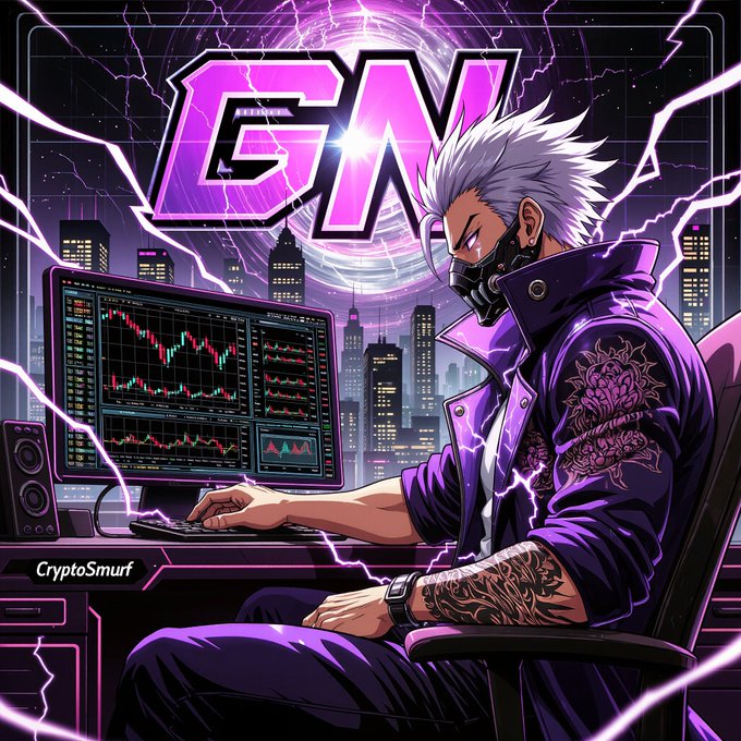 Anime-style crypto trader illustration by CryptoSmurf featuring a white-haired character in a purple jacket trading on screens, with 'CW' logo in neon pink/purple.