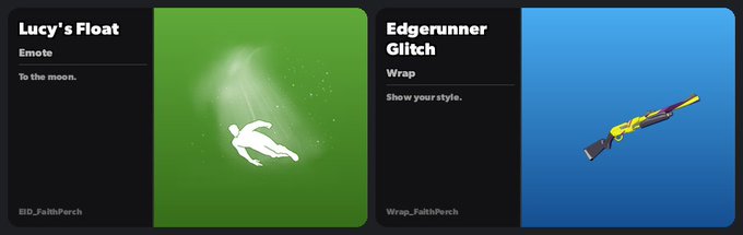 The image showcases two unlocked Fortnite rewards: "Lucy's Float" Emote (described as "To the moon") featuring a glowing figure floating upward, and "Edgerunner Glitch" Wrap ("Show your style") displaying a colorful yellow and purple gun pattern. These items visually confirm the post's announcement that both the emote and wrap have finally been decrypted.