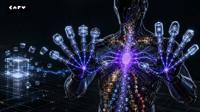 A futuristic digital artwork of a humanoid robot with glowing purple and gold circuitry, featuring a fingerprint icon on its chest and a 'CARV' logo in the corner.