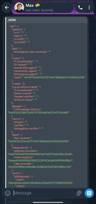 A Telegram chat screenshot showing a message from 'Max' containing JSON code with various technical fields including 'src', 'dest', 'x-priv', 'vault', and 'view' keys with associated addresses.