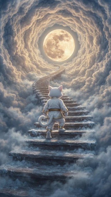 A digital illustration depicts a white cat-like character in a spacesuit climbing a spiral stone staircase through clouds toward a large glowing full moon.