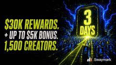 The image is a Swaymark promotional graphic advertising "$30K REWARDS + UP TO $5K BONUS" across "1,500 CREATORS," featuring a glowing "3 DAYS" countdown and the Swaymark logo against a dark blue background. It complements the post by visually highlighting the urgency and reward structure of Swaymark's creator campaign, reinforcing the creator's point about transparent, performance-based scoring.