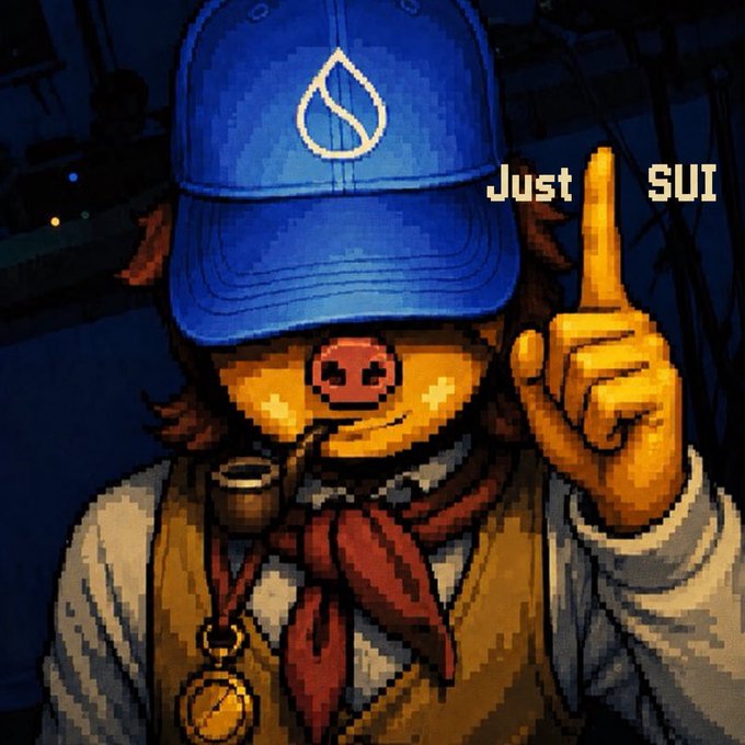 A pixel art image shows a pig character wearing a blue baseball cap with the Sui logo, smoking a pipe, and pointing upward, with text reading 'Just SUI'.