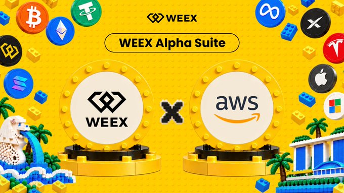 A promotional image for the "WEEX Alpha Suite" at TOKEN2049 Singapore, featuring the WEEX logo and AWS logo side-by-side on yellow coin-like platforms, surrounded by various cryptocurrency icons (Bitcoin, Ethereum, Tether, Solana, and others) on a yellow background. The graphic visually represents the partnership announcement between WEEX and AWS Cloud, highlighting their collaboration through branded elements and decorative lego-style architecture.