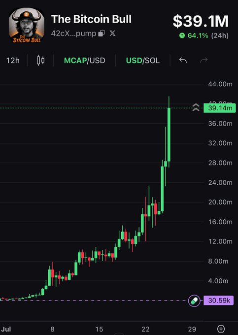 The image displays a PumpFun chart for "The Bitcoin Bull" (TBB) with a market cap of $39.1M, showing a dramatic 64.1% surge in the last 24 hours and a strong overall uptrend from July 8 to 29. The caption highlights that TBB has experienced one of the biggest organic runs on PumpFun without KOL promotion or cabal backing, making it a case study in community-driven growth.