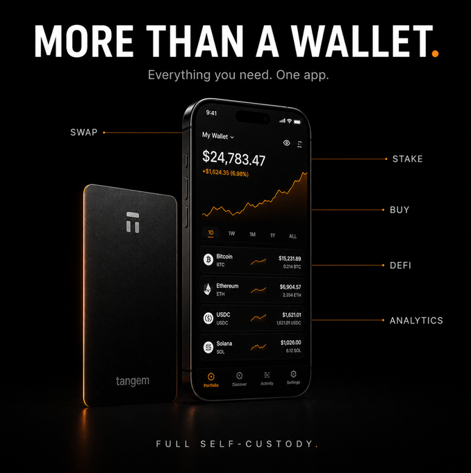 A promotional advertisement for Tangem, showing a black hardware wallet card next to a smartphone displaying a crypto portfolio app with text "MORE THAN A WALLET. Everything you need. One app." and features labeled "SWAP", "STAKE", "BUY", "DEFI", "ANALYTICS", and "FULL SELF-CUSTODY."
