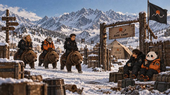 Adventurous traders on horseback arrive at a snowy mountain outpost labeled "BASE CAMP," where members of the community gather around a campfire with a panda mascot, symbolizing the rugged yet welcoming spirit of the no-fee trading group.