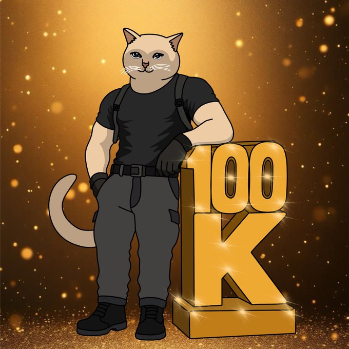 A muscular cartoon cat character in tactical gear stands beside a golden "100K" monument against a sparkling gold background, celebrating $CASHCAT's milestone of reaching 100,000 holders—a tribute to the growing strength of the community behind the token.