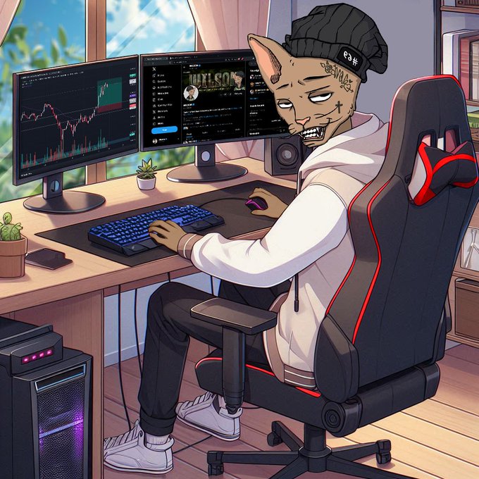 An anthropomorphic cat-like character in a beanie and white hoodie sits at a multi-monitor setup displaying crypto trading charts and a "MARLSCO" interface, actively using a keyboard and mouse. The scene visually connects to the post by depicting a crypto trader's environment, likely referencing trading platforms or launchpads on the @arc ecosystem.