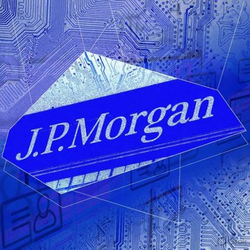 This image features the J.P. Morgan logo, representing the bank that states blockchain adoption failing to create value is a bigger long-term threat to Bitcoin than its strategy. The blue, circuit-board-like background alludes to the technological and financial sectors discussed in the accompanying text.